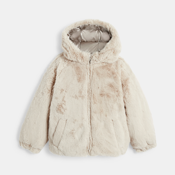 مِعطَف لامع بفرو اصطناعي قابل للارتداء على الوجهين، للفتيات،